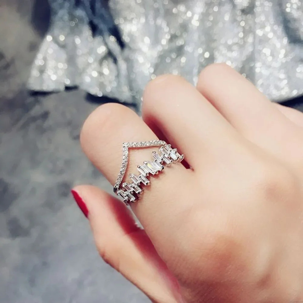 🌸Romantic Design Tiny Rectangle Gems Twisted Double Layer Silver Ring, L227 - Picture 2 of 2